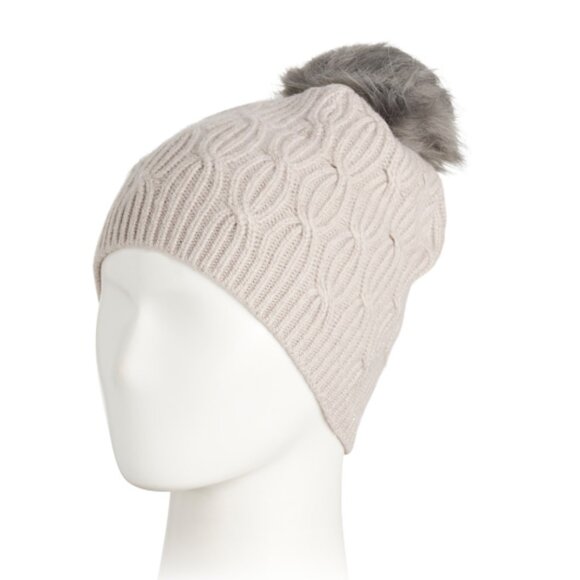 PORTOLANO Wool Blend Cable Knit Beanie With Faux Fur Pom NWT - Picture 1 of 3